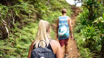 Zwei Menschen laufen im Dschungel für ein Trekking