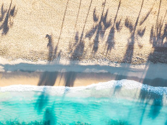 Strand und Meer von oben und Schatten von Palmen