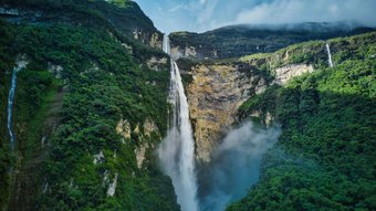 Gocta Falls waterfall in Peru aerial drone view