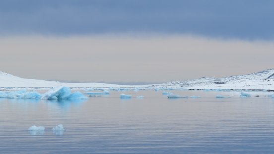 Türkisfarbene Eisberge treiben im Meer