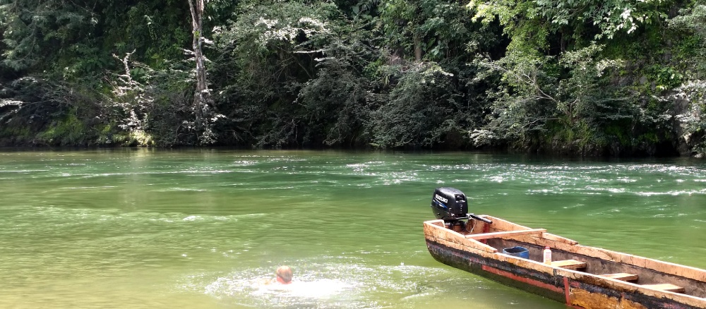 Personen schwimmen neben einem Boot während einer Flussfahrt in Panama