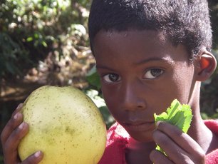 Kleiner Junge mit einer Frucht in der Hand