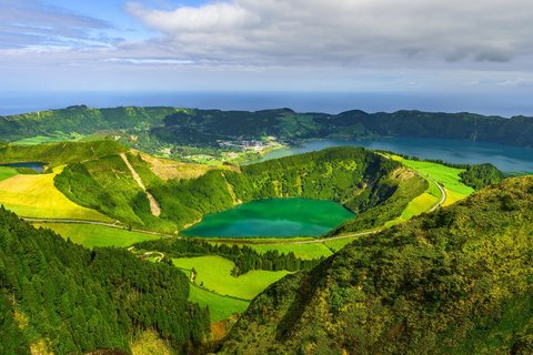 Azores, Portugal. Beautiful view of volcanic lake from the mountains on San Miguel Island