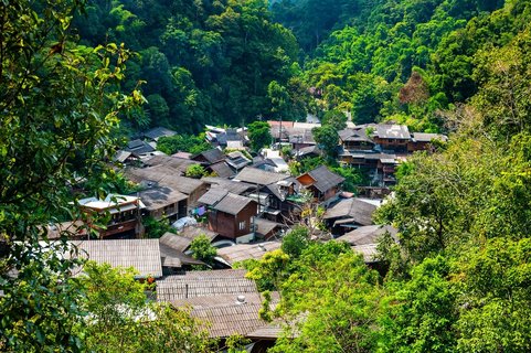 Panoramatic aerial view of Mae Kampong village, Thailand. Famous village in mountains near Chiang Mai city.