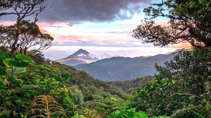 Vulkan Arenal umgeben von Dschungelplanzen bei Sonnenuntergang