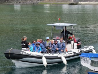 Kleines Boot voller Touristen im Wasser, bereit für die Walbeobachtung
