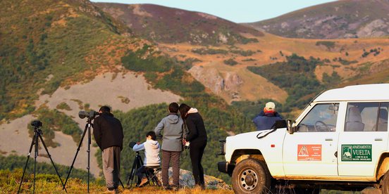 Reisende beobachten Tiere durch Monokulare von einem Berg aus