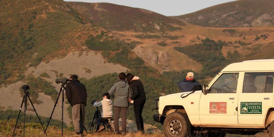 Reisende beobachten Tiere durch Monokulare von einem Berg aus