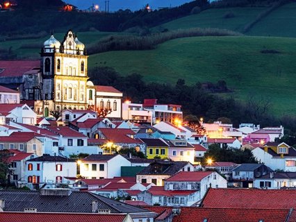 ??????????????????????????????????????????????????????????? Night view of Horta city with church - Faial island, Azores