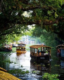 Boote treiben auf einem ruhigen Kanal umrandet von tief hängenden Bäumen